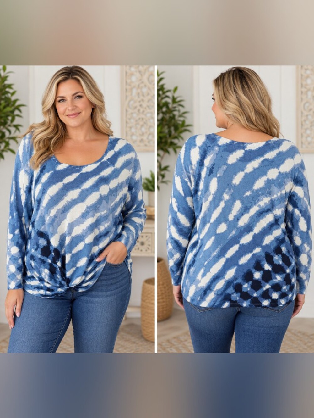 nic+zoe linen blend blue abstract twist front sweater xl